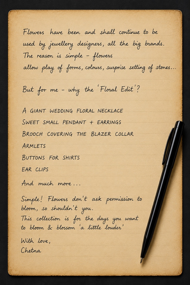 A handwritten note about The Floral Edit from Chetna, founder of Saanjh Jewells