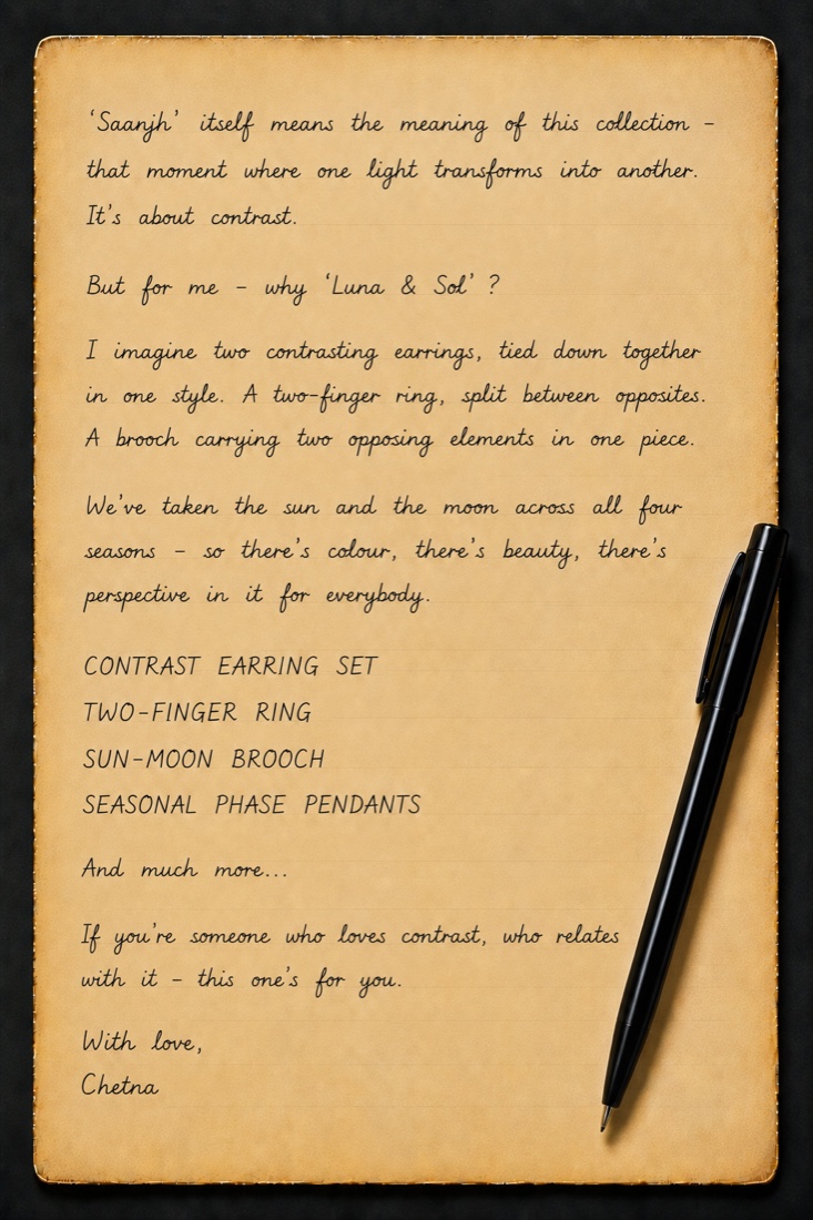 A handwritten note about Luna & Sol from Chetna, founder of Saanjh Jewells