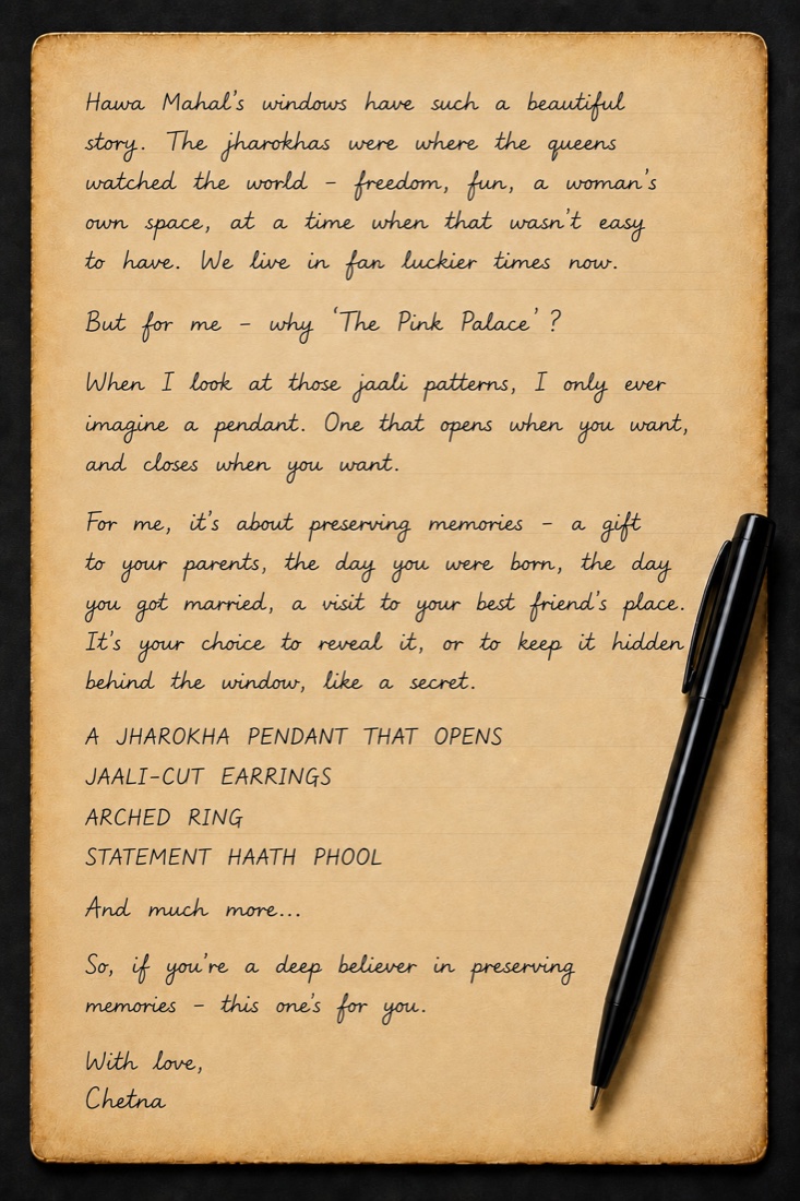 A handwritten note about The Pink Palace from Chetna, founder of Saanjh Jewells