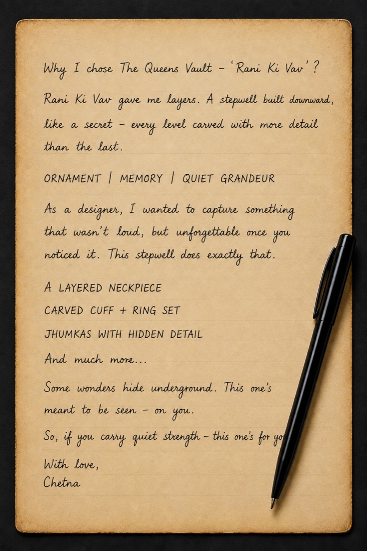 A handwritten note about The Queens Vault from Chetna, founder of Saanjh Jewells
