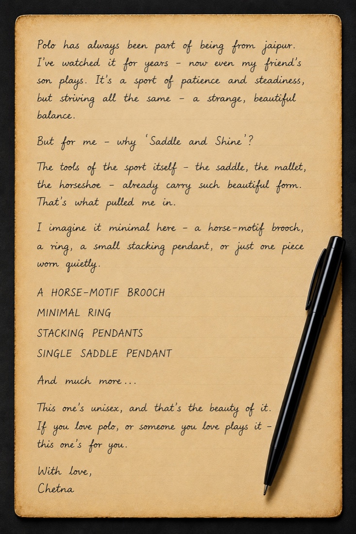 A handwritten note about Saddle and Shine from Chetna, founder of Saanjh Jewells
