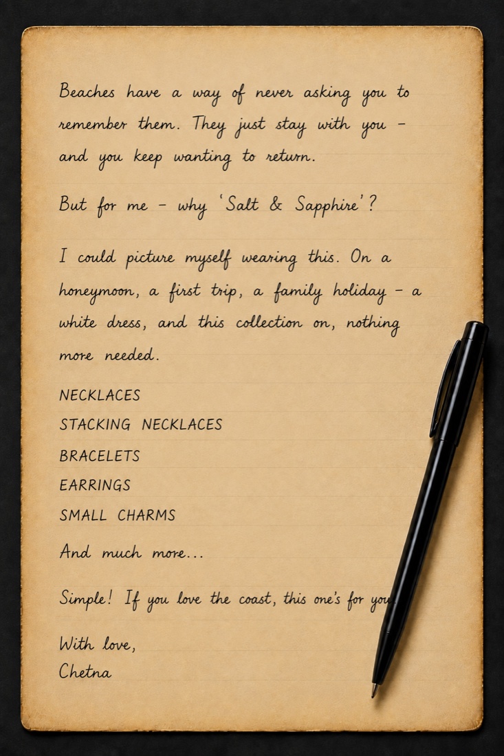 A handwritten note about Salt & Sapphire from Chetna, founder of Saanjh Jewells