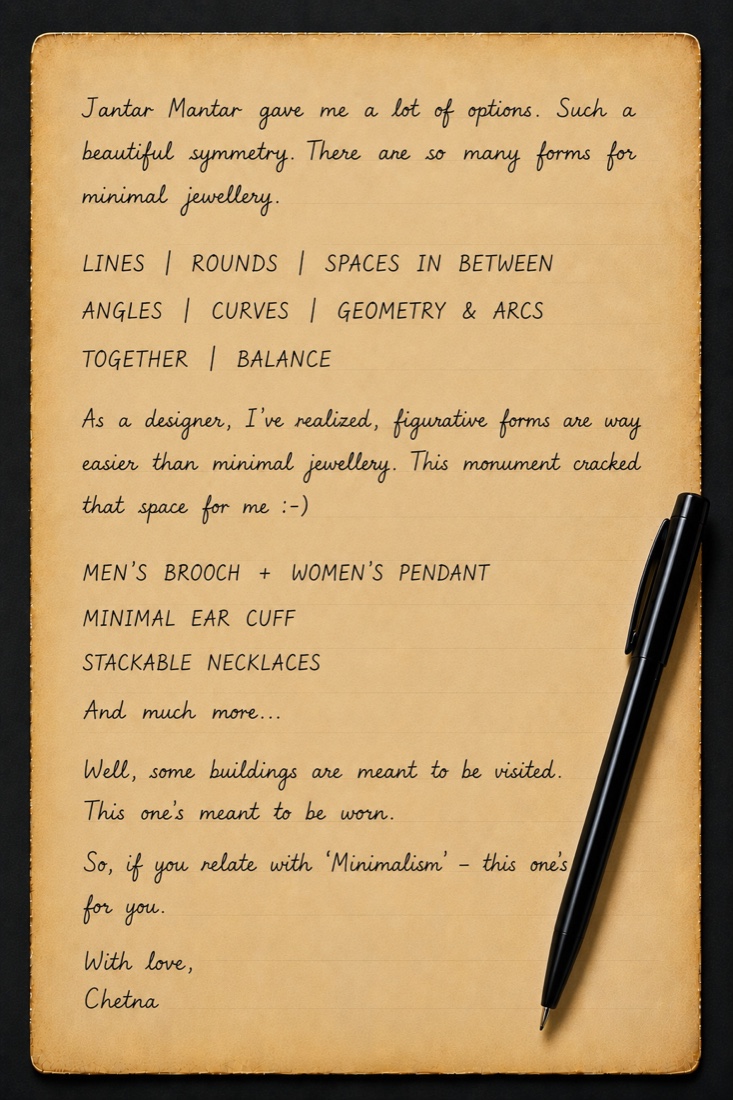 A handwritten note about The Meridian from Chetna, founder of Saanjh Jewells