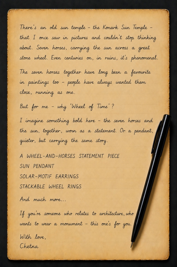 A handwritten note about Wheel of Time from Chetna, founder of Saanjh Jewells