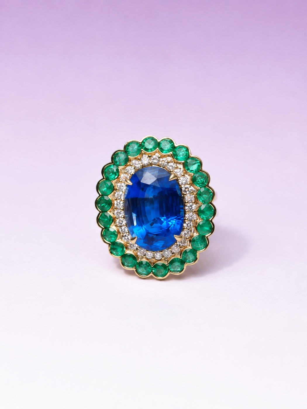 Sapphire & Emerald Halo Ring