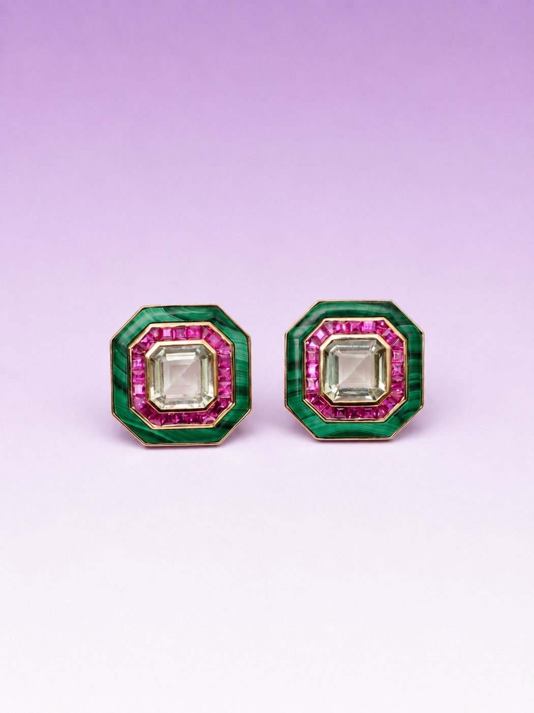 Emerald & Ruby Deco Studs